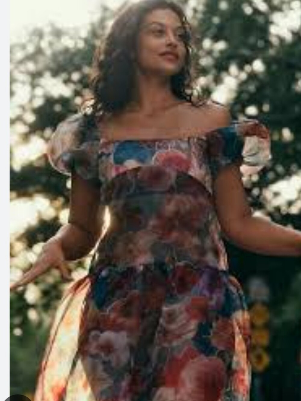 Anthropologie Floral Off-Shoulder Midi Dress in Blue, Pink and Red